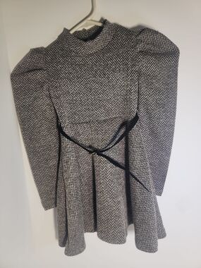Long Sleeve Black and White Herringbone Fit & Flare Dress